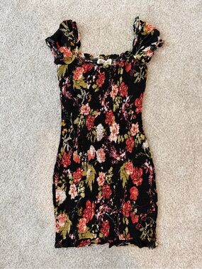 Listicle Black Floral Mini Dress with Red & Pink Blooms